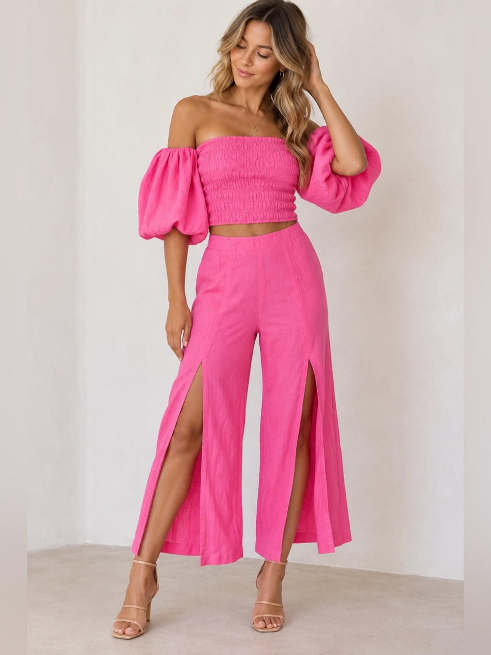 Young Fabulous & Broke Hot Pink Linen Blend Off Shoulder Two-Piece Set Size S
